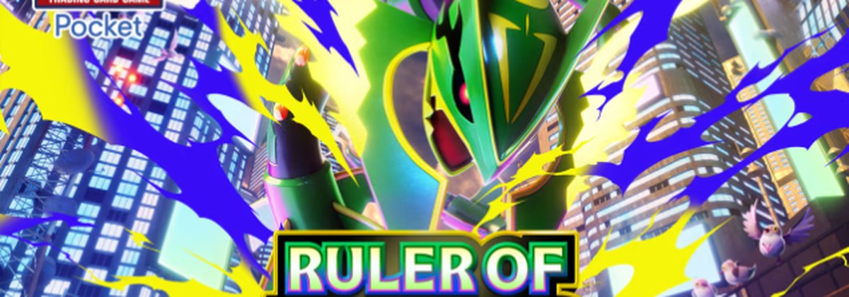 Official Pokemon TCG Pocket key art for Ruler of the Skies featuring Mega Rayquaza ex